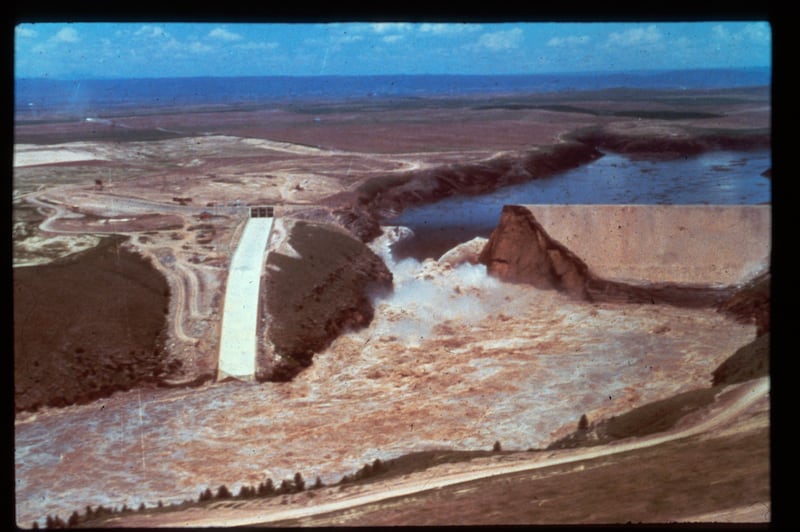 A rupture forms in the Teton Dam on Saturday, June 5, 1976, sending a wall of water through the Upper Snake River Valley.