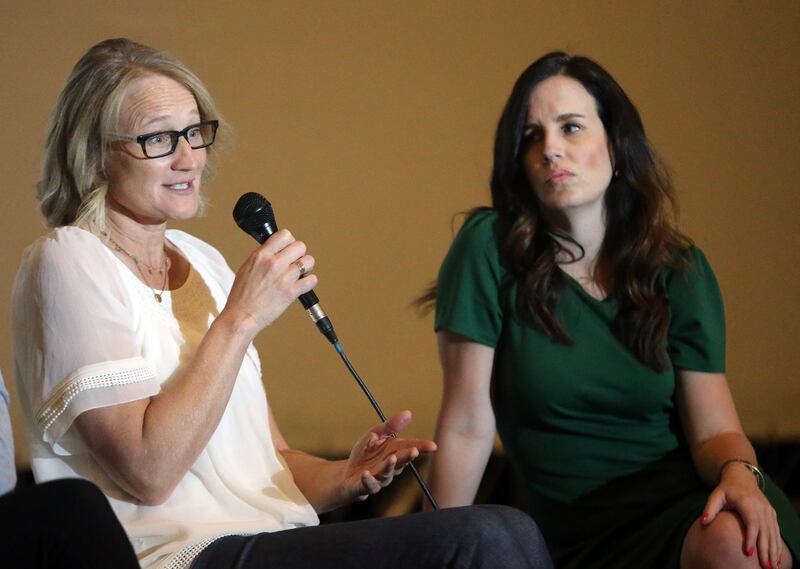Karin Gornick, creator and executive producer of "Angst," and Jenny Howe, film narrator and anxiety specialist, speak on a panel after a showing of the documentary film at Clearfield High School in Clearfield on Monday, April 30, 2018.