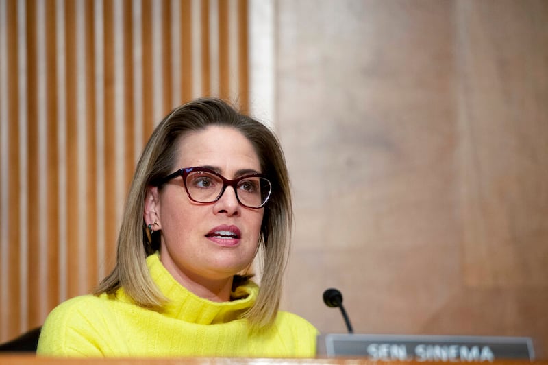 Sen. Krysten Sinema, D-Ariz., speaks during a Senate Homeland Security and Governmental Affairs Committee confirmation hearing.