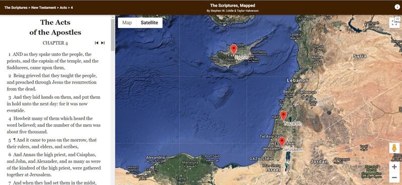 This screenshot shows the locations of events in Acts 4 on  scriptures.byu.edu/mapscrip/.