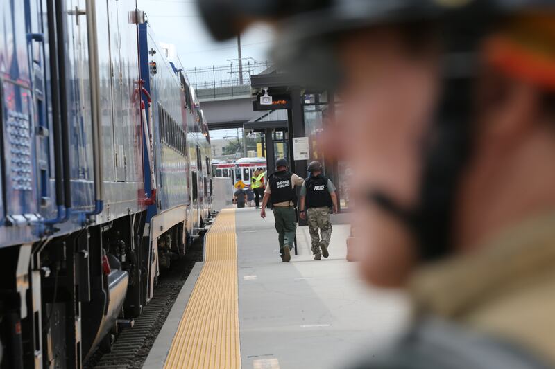 Emergency personnel look for “victims” during “Hell on Wheels,” a full-scale, emergency protection and response drill at the Salt Lake Central Station on Aug. 8, 2017. The drill included emergency personnel from Utah Transit Authority, the FBI, Salt Lake County Emergency Management, West Valley and Salt Lake City fire departments, University of Utah Emergency Management, University of Utah Police Department, Amtrak, Union Pacific, Murray Victim Advocates and Utah State Medical Examiner’s Office.
