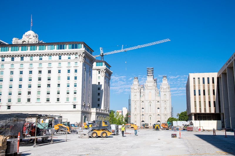 A view of the Salt Lake City Utah Temple from the Church Office Building plaza.