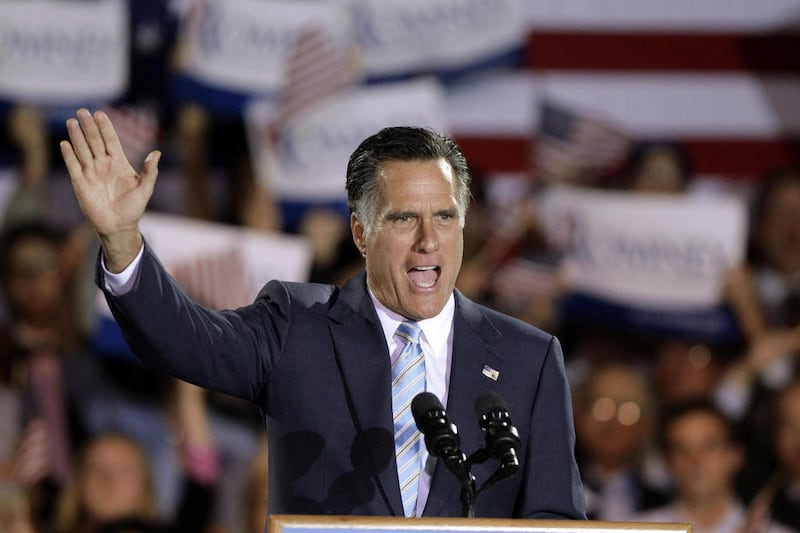 Republican presidential candidate, former Massachusetts Gov. Mitt Romney takes the stage at an election night rally in Manchester, N.H., Tuesday, April 24, 2012. Romney added to his big lead in the race for convention delegates Tuesday with a five-state s