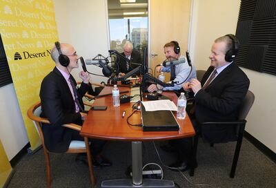 FILE - Author and social scientist Arthur Brooks, left, speaks during a Deseret News podcast with Boyd Matheson, Deseret News editorial page editor, right, in Salt Lake City on Friday, Oct. 12, 2018.
