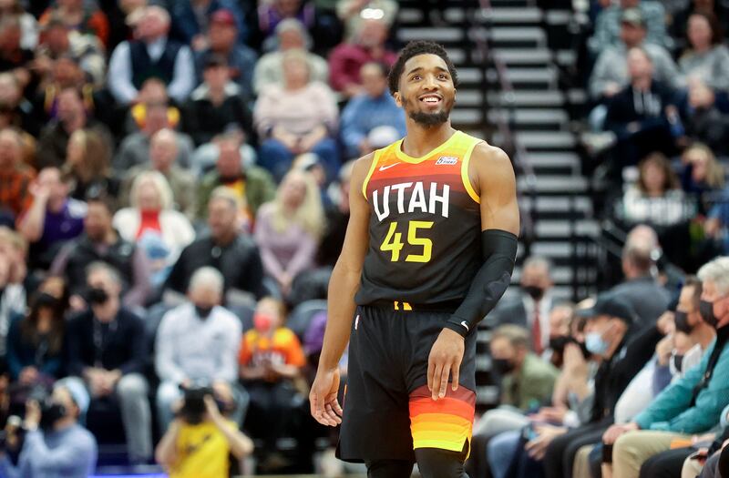Utah Jazz guard Donovan Mitchell (45) smiles during an game against the Dallas Mavericks in Salt Lake City on Feb. 25, 2022.