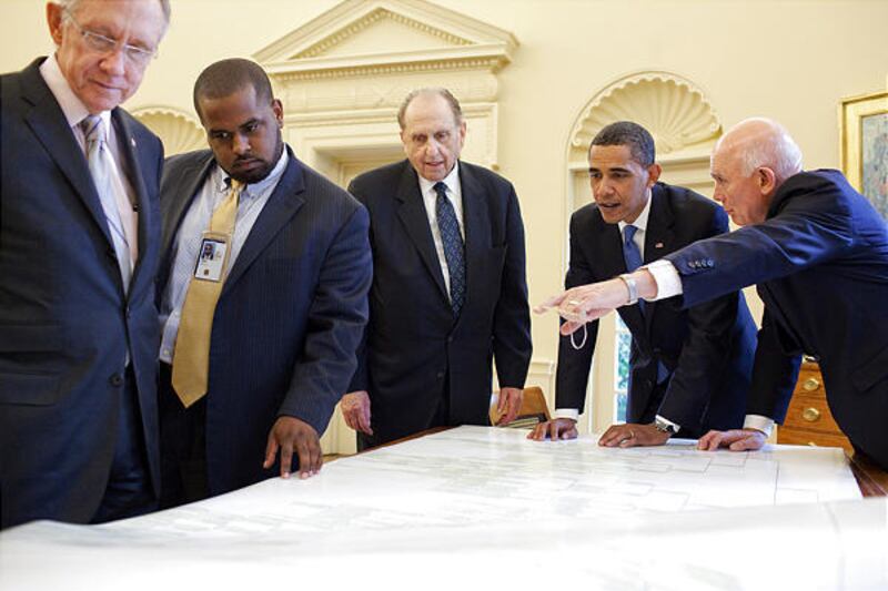 President Barack Obama meets with Sen. Harry Reid, D-Nev., left; Joshua DuBois, director of the White House Office for Faith-Based and Neighborhood Partnerships; LDS Church President Thomas S. Monson; and Elder Dallin H. Oaks of the Quorum of the Twelve i