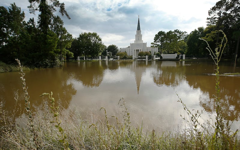 The LDS Houston Texas Temple is surrounded by water after Tropical Storm Harvey in Houston on Wednesday, Aug. 30, 2017.