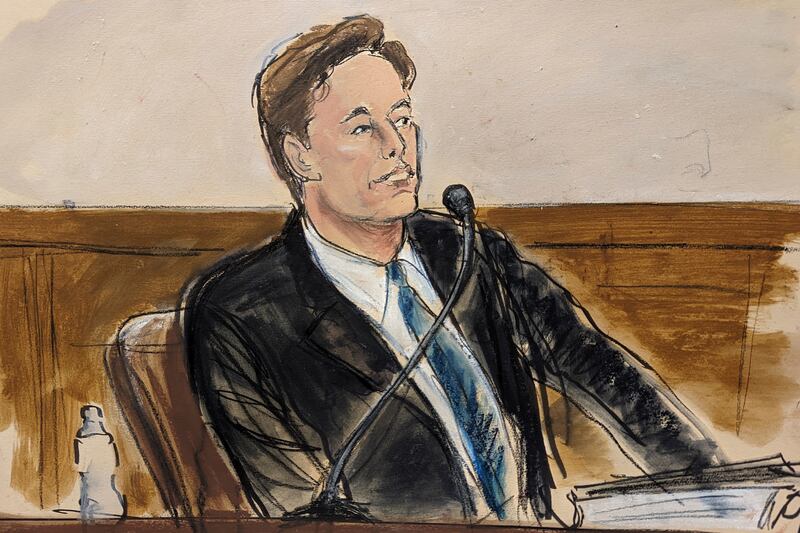 In this courtroom sketch, Tesla CEO Elon Musk testifies in a courtroom in Wilmington, Del., on Wednesday, Nov. 16, 2022.
