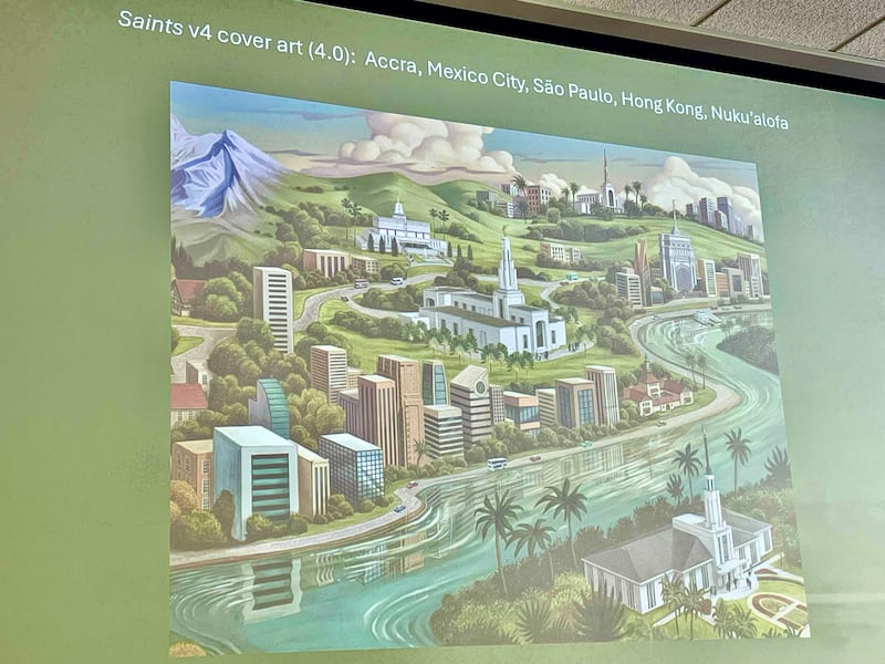 The cover art for "Saints Volume 4" is seen in a slide shown during a BYU Education Week presentation on Aug. 20, 2024.