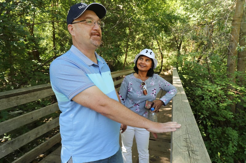 Bill Bymaster and his wife, Uji Bymaster, talk at Mueller Park while talking with journalists in Bountiful on Friday, Aug. 2, 2019. Last December, Bill Bymaster got stuck in the snow in his rental car in Montana. He broke his leg walking out, was urinated