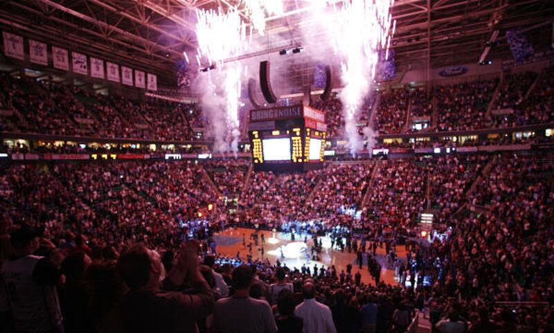 Jazz fans watch the pregame fireworks during the NBA playoffs first round.