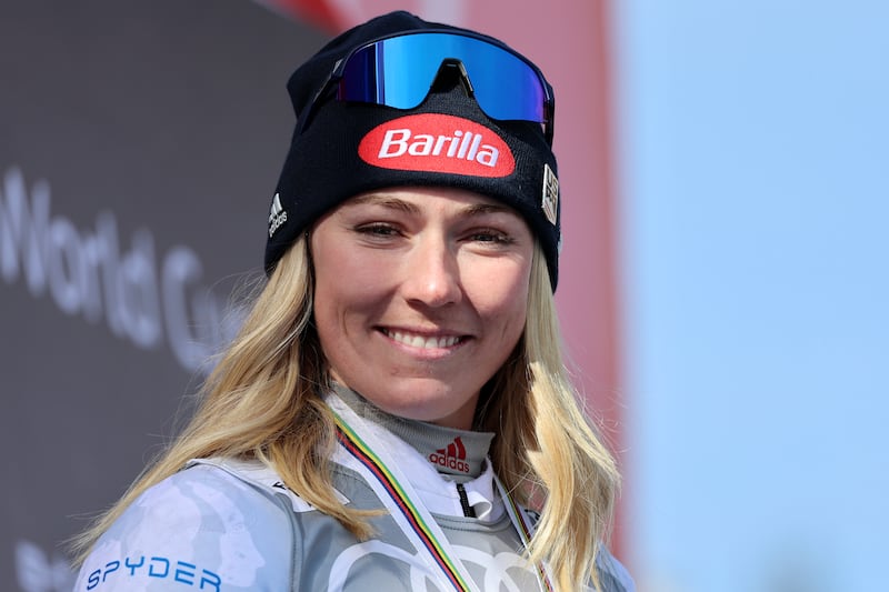 United States’ Mikaela Shiffrin smiles on the podium after taking second place in the alpine ski women’s World Cup slalom.