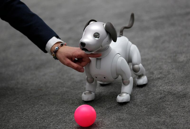 The Aibo robot dog is on display at the Sony booth after a news conference at CES International, Monday, Jan. 8, 2018, in Las Vegas.