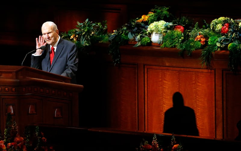President Russell M. Nelson of The Church of Jesus Christ of Latter-day Saints tells priesthood holders to listen to their wives as he speaks during the priesthood session of the 189th Annual General Conference in the Conference Center in Salt Lake City o