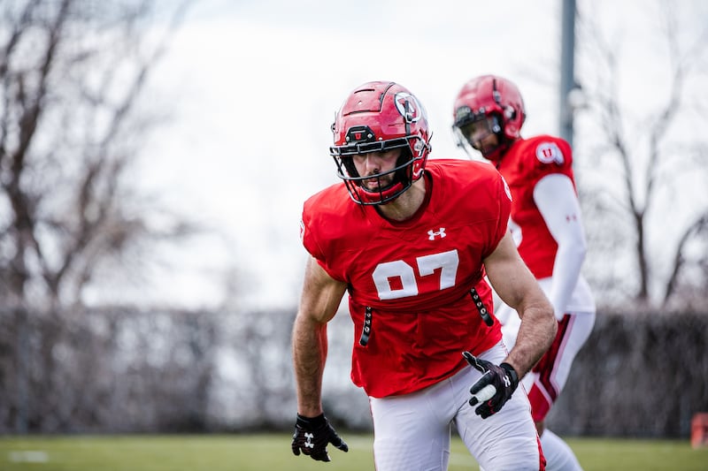 Utah tight end Thomas Yassmin gets in some work during spring camp at the University of Utah.