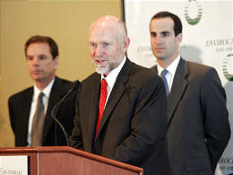 Envirocare's Steve Creamer speaks at news conference Tuesday with Fraser Bullock, left, and Lance Hirt.