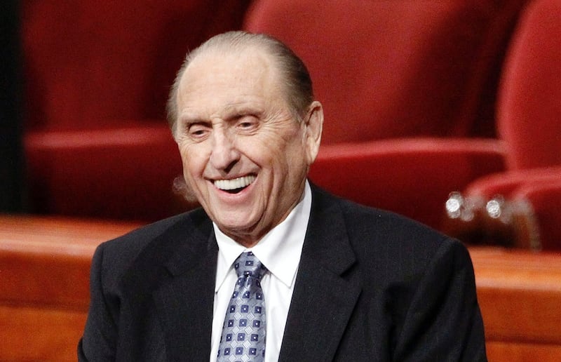 President Thomas S. Monson stops and smiles for some photos after the Sunday morning session of the 181st Semiannual General Conference of The Church of Jesus Christ of Latter-day Saints Sunday, Oct. 2, 2011. On Jan. 2, 2018, Monson passed away in his Sal