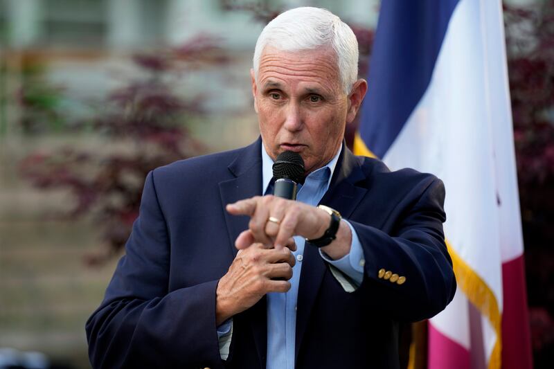 Former Vice President Mike Pence speaks to local residents during a meet and greet on May 23, 2023, in Des Moines, Iowa.
