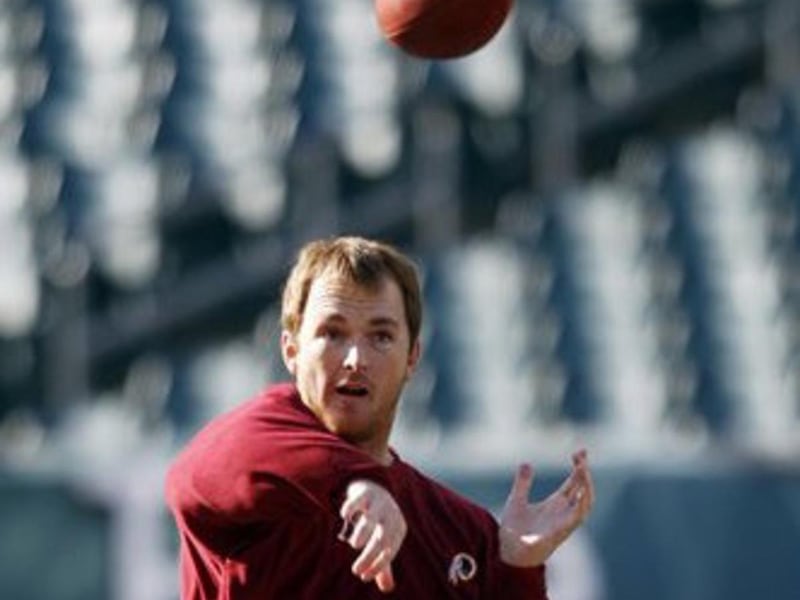 Washington Redskins' John Beck warms up before an NFL football game against the Philadelphia Eagles, Sunday, Jan. 1, 2012, in Philadelphia.