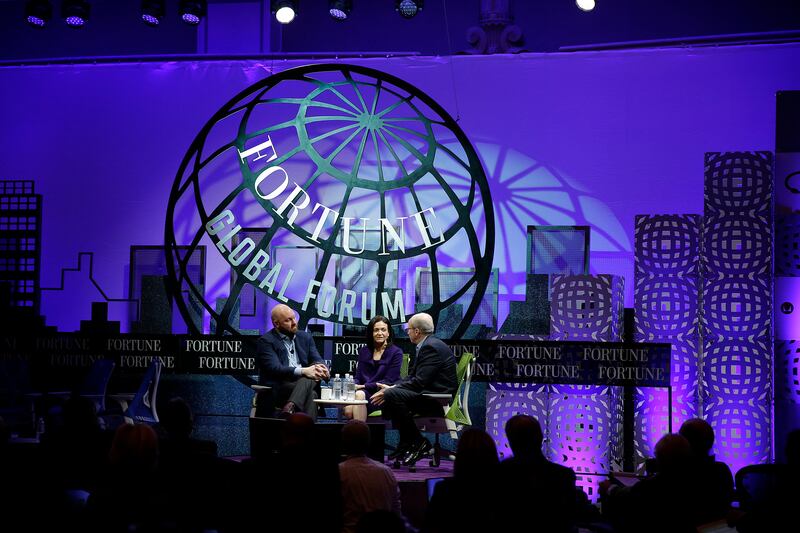 Tech venture capitalist Marc Andreessen, Facebook chief operating officer Sheryl Sandberg and moderator Alan Murray during a discussion at the Fortune Global Forum in San Francisco.