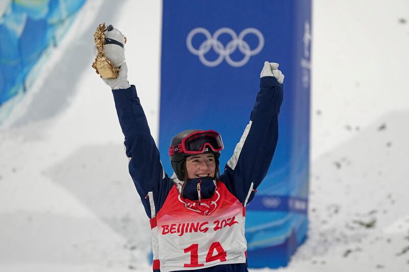 United States’ Jaelin Kauf celebrates with her medal during the award ceremony
