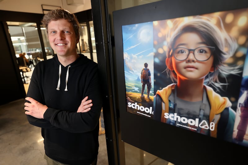 Caleb Hicks, School AI founder, poses for a portrait at company headquarters in Lehi, Utah.