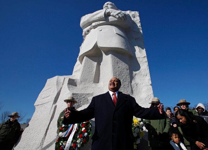 Martin Luther King III, the son of the Rev. Dr. Martin Luther King Jr., speaks during a ceremony at the Martin Luther King, Jr. Memorial.