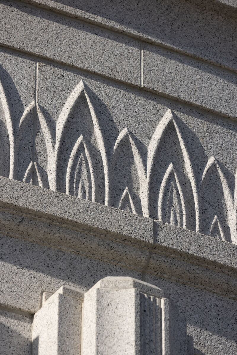 A closeup of a design detail from the exterior of the Syracuse Utah Temple.