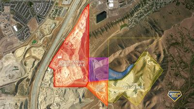 A satellite map of the Point of the Mountain area shows different boundaries for mining. Geneva Rock owns and mines the red, purple and orange colored areas. It works on the land in yellow, but does not own it. The company is being contracted to clear and