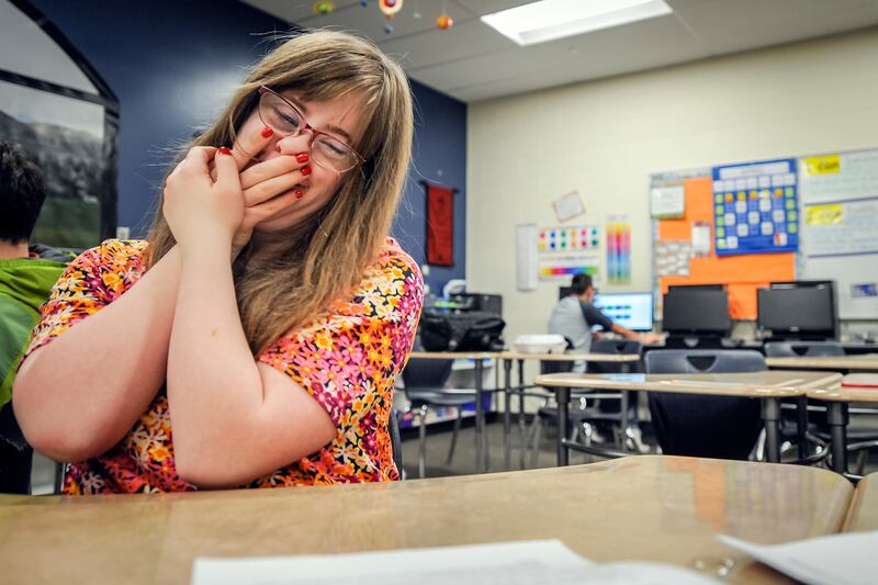 Emily Arthur laughs after her first read through of the speech she will give at graduation at Corner Canyon High School in Draper on Thursday, April 26, 2018.