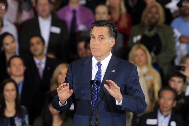 Republican presidential candidate, former Massachusetts Gov. Mitt Romney, addresses supporters at his election night party in Novi, Mich., Tuesday, Feb. 28, 2012.\r\n