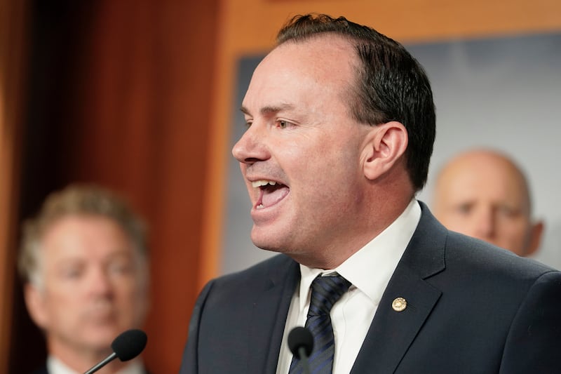 Sen. Mike Lee, R-Utah, speaks during a news conference on spending on Dec. 14, 2022, in Washington.