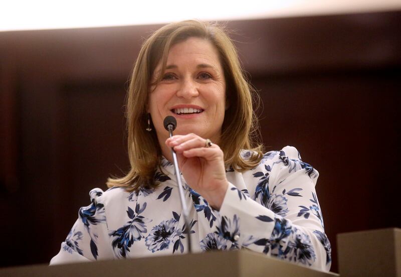FILE - Salt Lake County Mayor Jenny Wilson speaks after being sworn in at the Salt Lake County Government Center in Salt Lake City on Tuesday, Jan. 29, 2019.