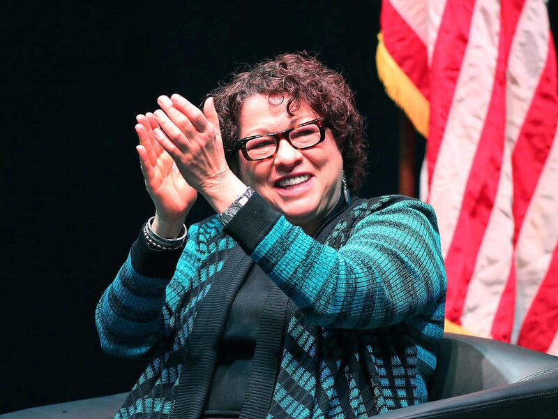 FILE - U.S. Supreme Court Justice Sonia Sotomayor applauds the crowd before speaking at the University of Utah, Wednesday, Jan. 28, 2015, in Salt Lake City.