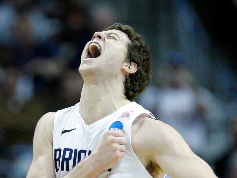 BYU guard Jimmer Fredette screams at a time out as BYU and Gonzaga play Saturday, March 19, 2011 in the NCAA Tournament.