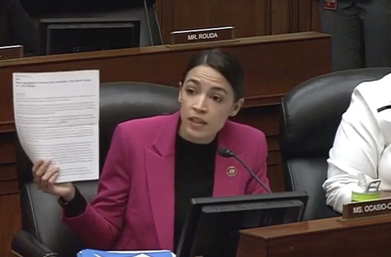 In a House committee hearing held by the House Oversight and Reform Committee on Feb. 6, Alexandria Ocasio-Cortez played a “lightning round” game with witnesses to highlight how legal it is to be “a pretty bad guy” in political office.