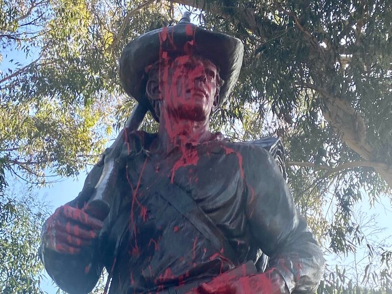 Red paint was used to vandalize the statue of a Mormon Battalion soldier last week at Presidio Park in San Diego, California.