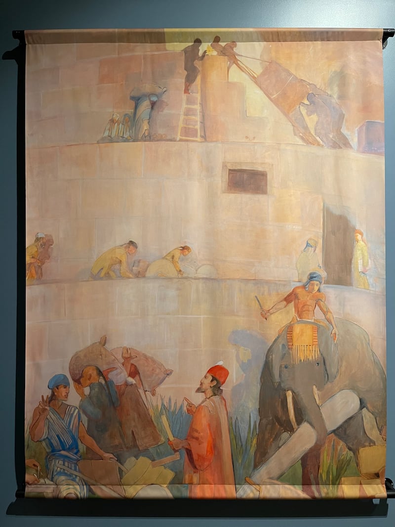 The construction of the Tower of Babel is depicted in a replica of a mural in the Manti Utah Temple painted by Minerva Teichert.