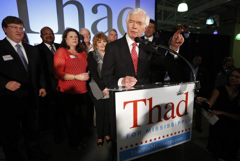 U.S. Sen. Thad Cochran, R-Miss., addresses supporters and volunteers at his runoff election victory party Tuesday, June 24, 2014, at the Mississippi Children's Museum in Jackson, Miss.