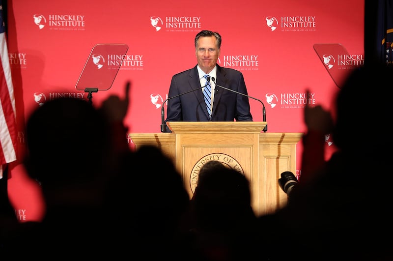 In this March 3, 2016 file photo, Mitt Romney addresses the Hinckley Institute of Politics regarding the 2016 presidential race at the University of Utah in Salt Lake City.