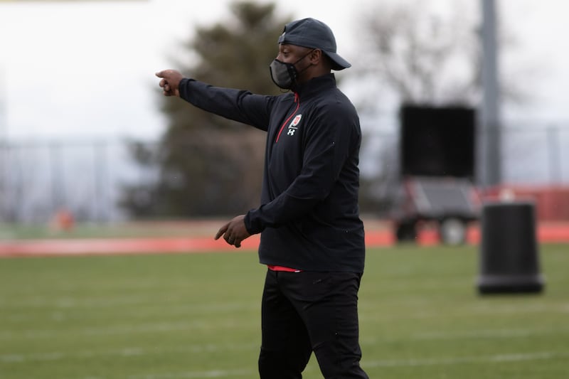Utes receivers coach Chad Bumphis instructs players during spring camp at the University of Utah in Salt Lake City.
