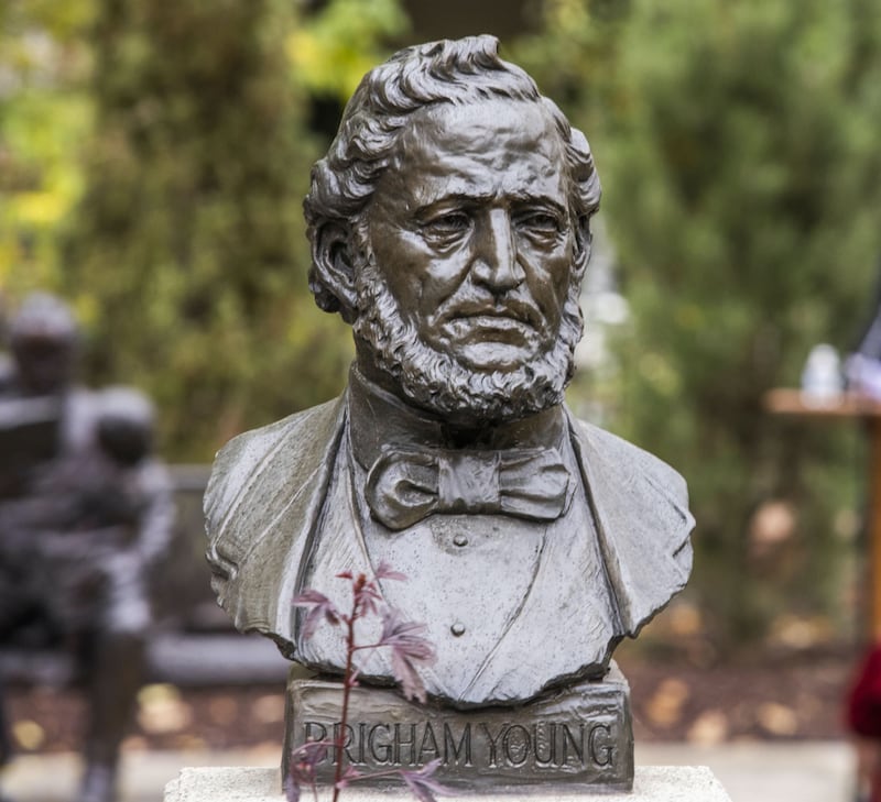 A bust of Brigham Young on display at the newly renovated Brigham Young Family Cemetery in Salt Lake City on Oct. 22, 2022.