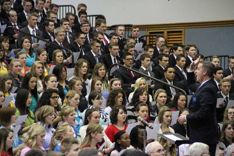 Missionary choir at the Provo Missionary Training Center performs during a Jan. 15 devotional meeting, held as part of the 2013 Seminar for New MTC Presidents and Visitors' Center Directors.