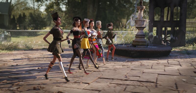 G.I. Julie (Janelle Monae), Suzette (Leslie Zemeckis), Nicol (Leslie Mann), Carlala (Eiza Gonzalez), Roberta (Merritt Wever) and Anna (Gwendolyn Christie) in “Welcome to Marwen.”