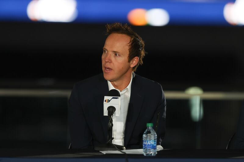 Ryan Smith, CEO of Qualtrics, speaks at a press conference announcing Smith’s purchase of the Utah Jazz from Gail Miller.