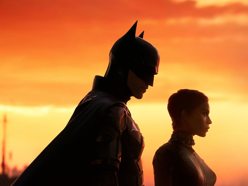 A poster for “The Batman” featuring Batman and Catwoman.