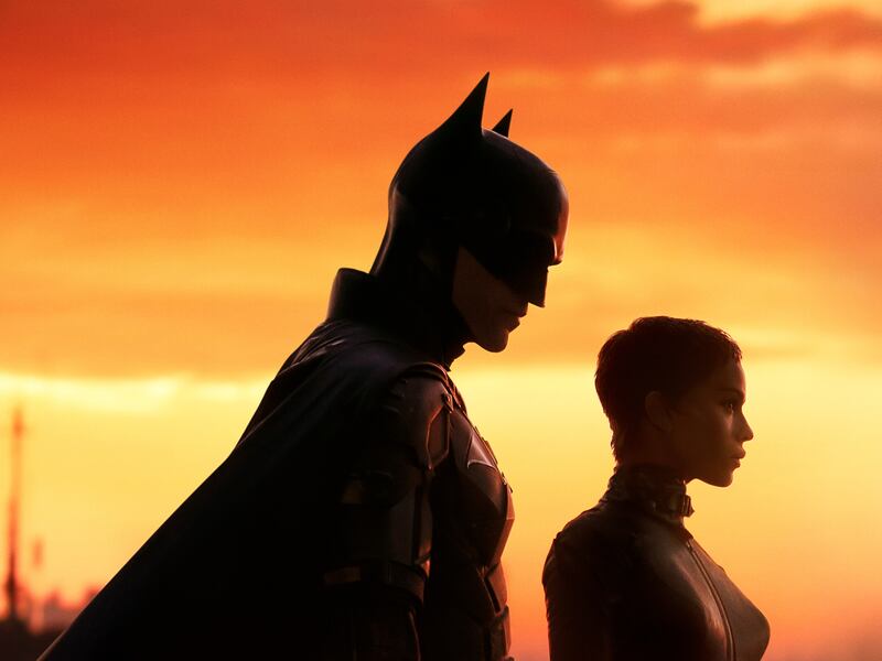 A poster for “The Batman” featuring Batman and Catwoman.