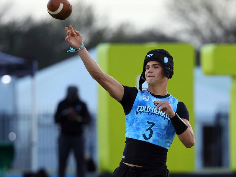 Ryder Lyons (3) throws a pass during seven-on-seven game Saturday, March 15, 2025 in Dallas.