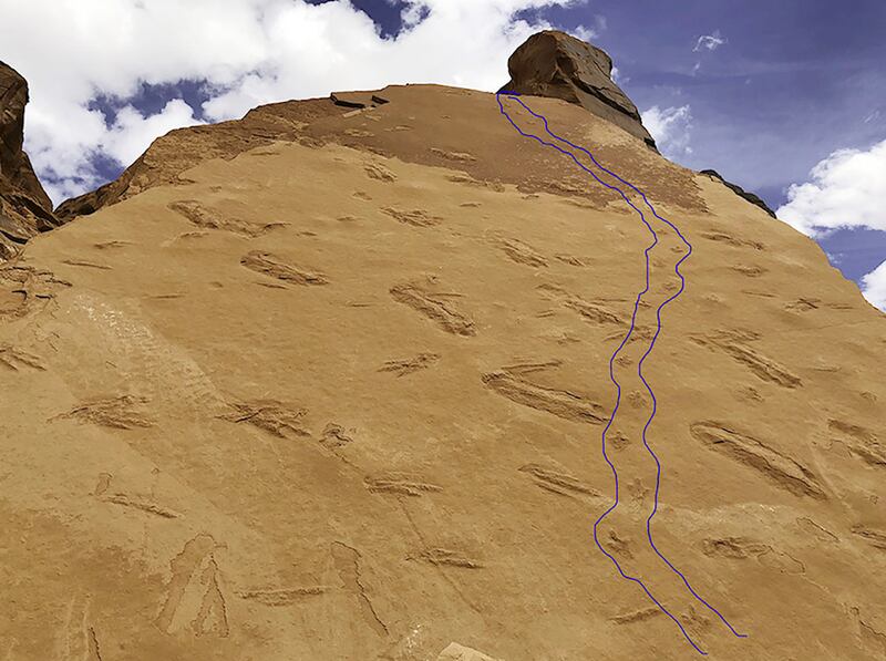 Veteran dinosaur tracker Andre Delgalvis discovered a feast of dinosaur tracks — a set of which is highlighted in blue — on a slab estimated to be 52 feet wide and 68 feet high near Lake Powell on March 14, 2018. A recent rockfall brought the dinosaur tra