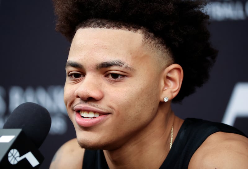Jazz guard Keyonte George talks to members of the media during Utah Jazz media day at the Zions Bank Basketball Center in Salt Lake City on Monday, Oct. 2, 2023.